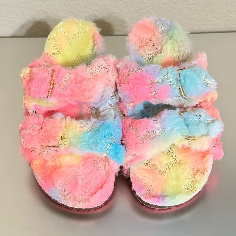 Cozy Pastel Rainbow Fuzzy Double-Strap Slip-On Slides Soft Plush Sandals Sz 4–5